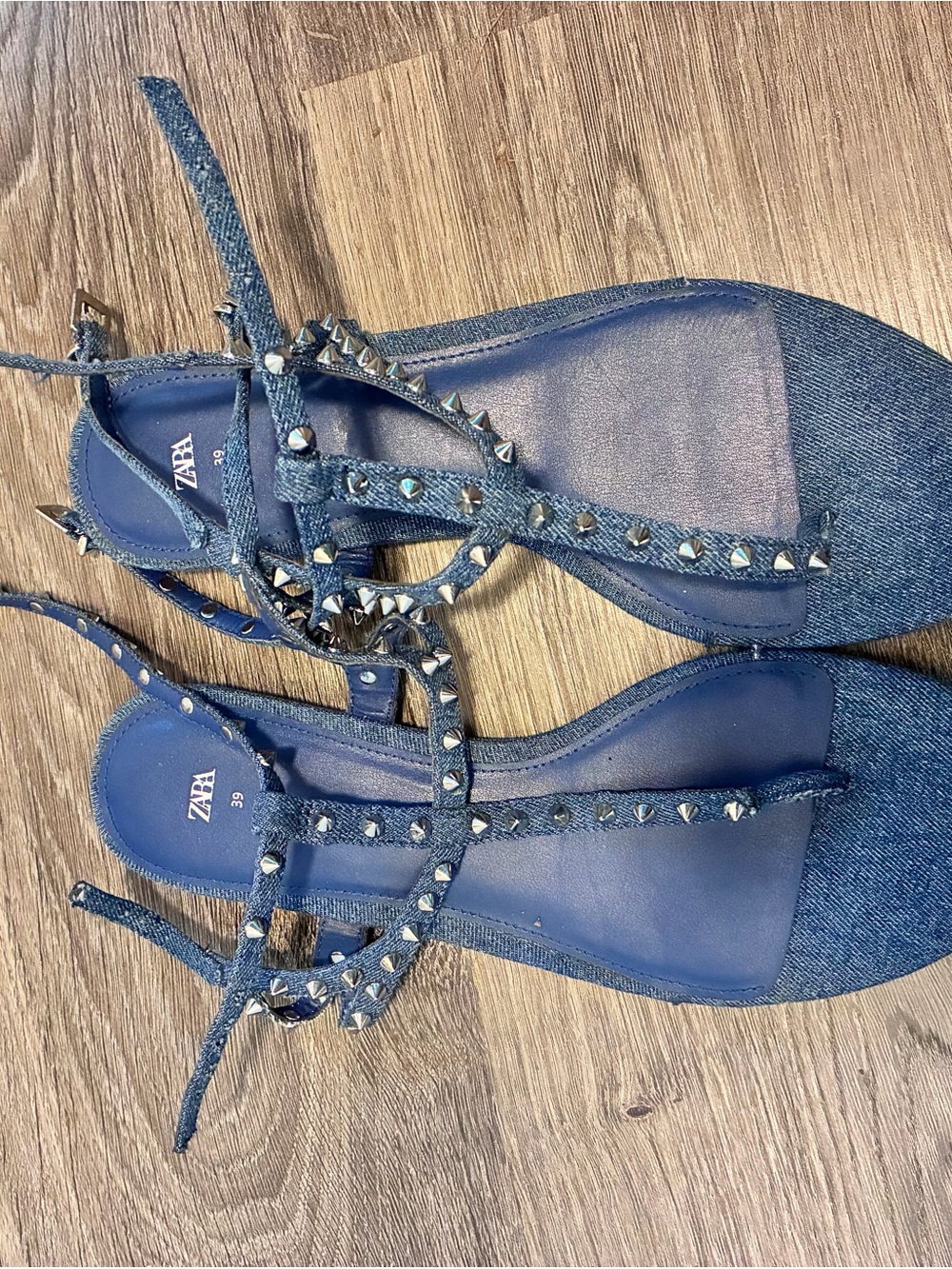 Zara Blue Studded Denim T-Strap Sandals